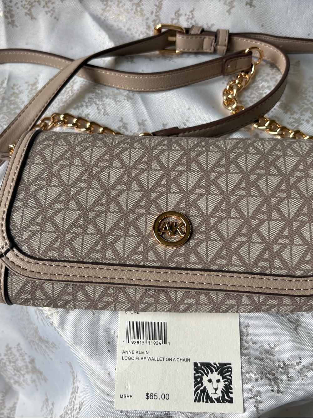 Anne Klein Taupe Logo-Print Wallet Crossbody with Gold Hardware